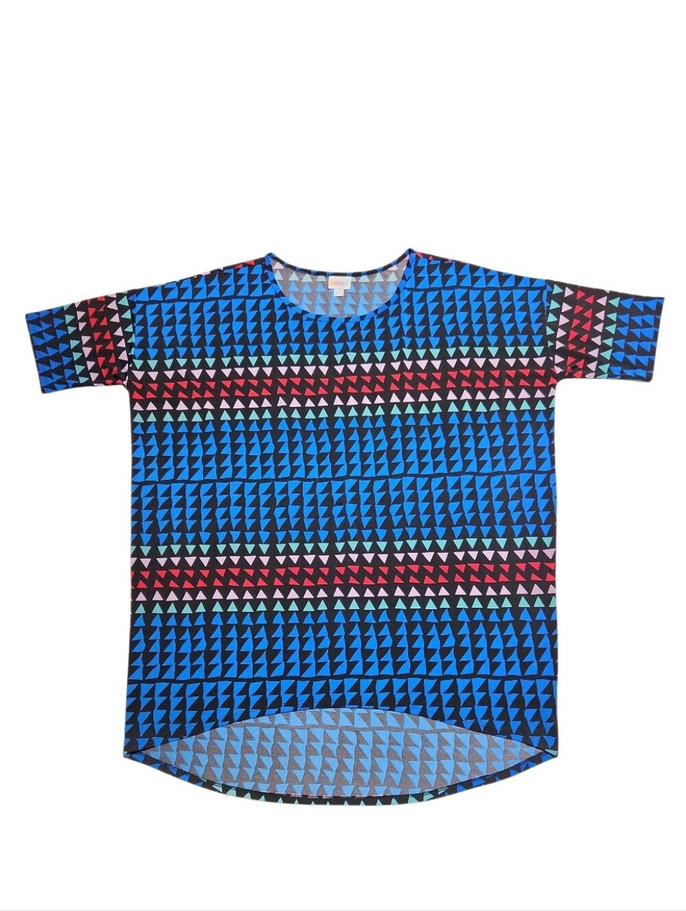 LuLaRoe Irma Tunic Bright Blue, Black, Multicolored Triangle Pattern (XL)